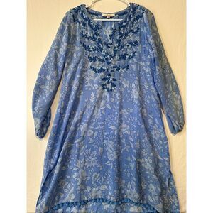 Amaya 100% Silk Embroidered Floral Tunic Dress Blue Boho Pom Trim Women’s 10